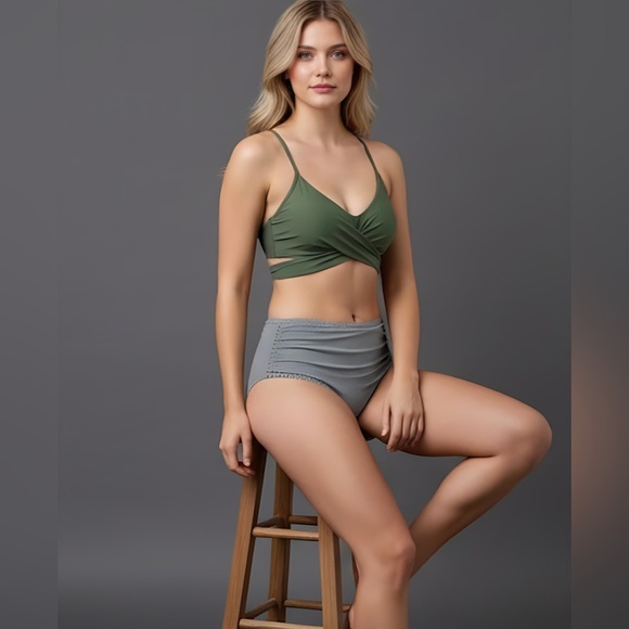 Olive Striped Twist Front High Waisted Bikini Swimsuit - Picture 2 of 6